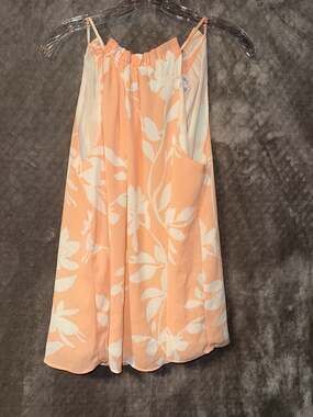 Ophelia Roe Peach White Floral Crinkle Chiffon High Neck Sleeveless Top Large
